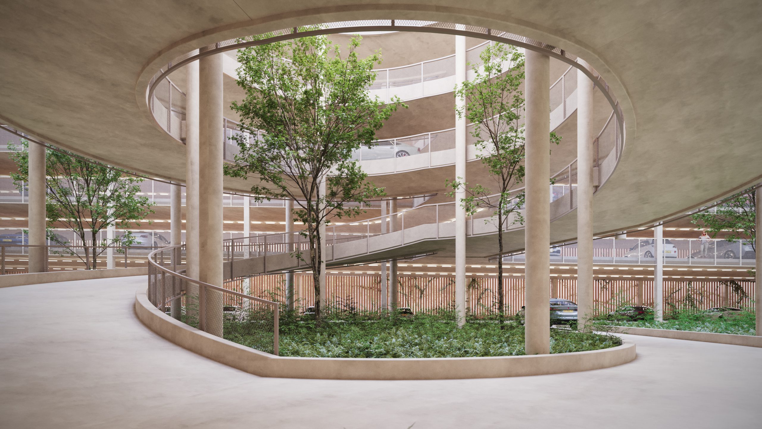 Via het groene atrium rij je de parkeergarage via de kortste route uit.